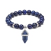 Natural Lapis Lazuli(Dyed) Round Beaded Stretch Bracelet with Bullet Charms BJEW-JB09018-01-1