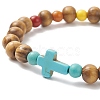 Synthetic Turquoise(Dyed) Cross & Natural Wood Beaded Stretch Bracelet for Women BJEW-JB09150-3