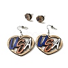 Heart with Word USA Wood Studs & Dangle Earrings Set SJEW-K002-02-1