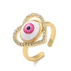 Cubic Zirconia Heart with Evil Eye Open Cuff Ring with Acrylic RJEW-B042-05G-02-1