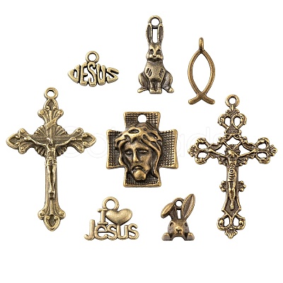 80Pcs 8 Style Easter Themed Tibetan Style Alloy Pendants FIND-LS0001-48-1