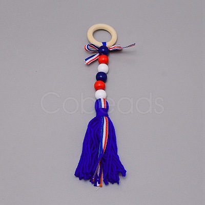 Independence Day Theme Wooden Ring & Woolen Yarn Tassels Pendant Decorations HJEW-TAC0013-05A-1