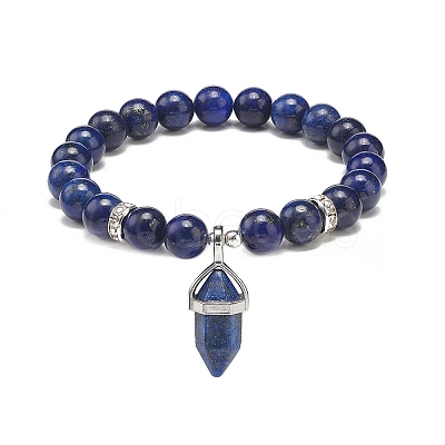 Natural Lapis Lazuli(Dyed) Round Beaded Stretch Bracelet with Bullet Charms BJEW-JB09018-01-1