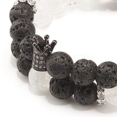 Natural Crackle Quartz & Lava Rock Round Beads Stretch Bracelets Set BJEW-JB07205-1