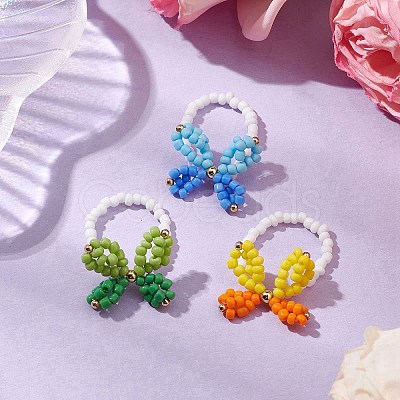 3Pcs 3 Colors Butterfly Glass Seed Beaded Stretch Finger Rings for Women RJEW-TA00150-1