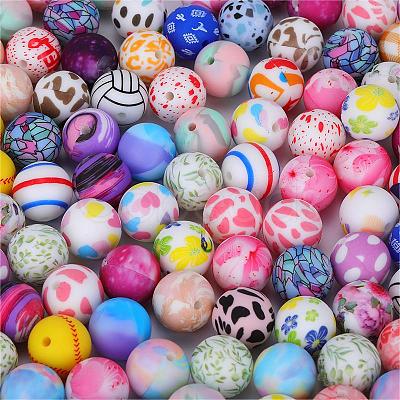 Printed Round with Baseball Pattern Silicone Focal Beads SI-JX0056A-104-1