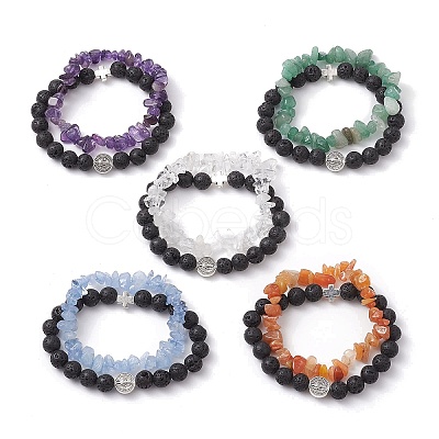 2Pcs 2 Styles Natural Lava Rock & Mixed Gemstone Chips Stretch Bracelets Set BJEW-JB10179-1