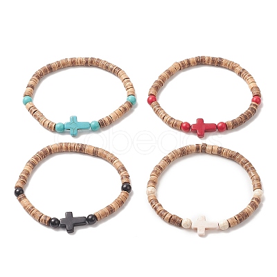 Coconut & Cross Dyed Synthetic Turquoise Beaded Stretch Bracelet for Men Women BJEW-JB09293-1