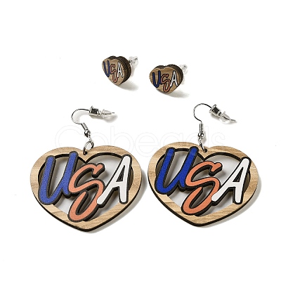 Heart with Word USA Wood Studs & Dangle Earrings Set SJEW-K002-02-1