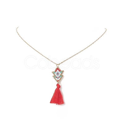 Glass Seed Braided Arrow with Tassel Pendant Necklace NJEW-MZ00010-1