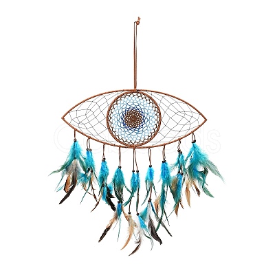 Evil Eye Woven Net/Web with Feather Pendant Decoration HJEW-I013-08-1