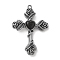 Alloy with Glass Pendants, Cross with Rose Charms, Gunmetal, Black, 35x25x5mm, Hole: 1.4mm