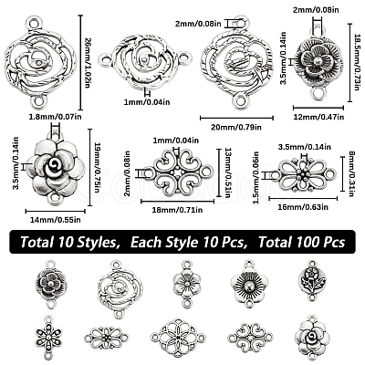 SUNNYCLUE 100Pcs 10 Styles Tibetan Style Alloy Connector Charms FIND-SC0008-18-1