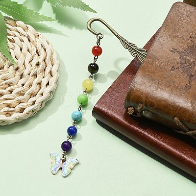 Butterfly Alloy Enamel Pendant Bookmark with Chakra Gemstone Bead AJEW-JK00253-1