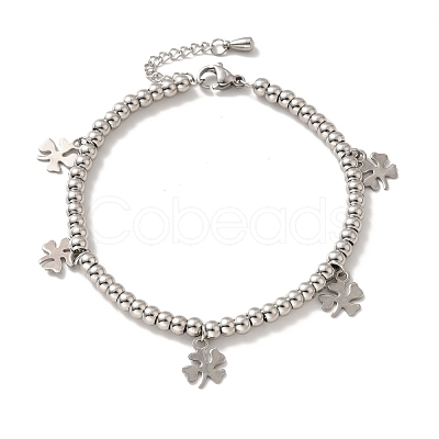 Tarnish Resistant 304 Stainless Steel Clover Charm Bracelet with 201 Stainless Steel Round Beads for Women BJEW-B057-15P-1