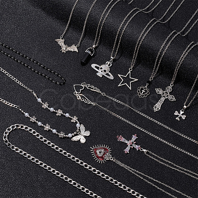 ANATTASOUL 13Pcs 13 Style Cross & Skull & Heart & Butterfly Rhinestone Pendant Necklaces Set NJEW-AN0001-39-1