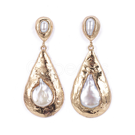 Electroplate Pearl Dangle Stud Earrings EJEW-F206-02G-1