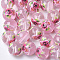 Printed & Spray Painted Transparent Glass Beads, Round with Flower Pattern, Pink, 8~8.5x7.5mm, Hole: 1.4mm