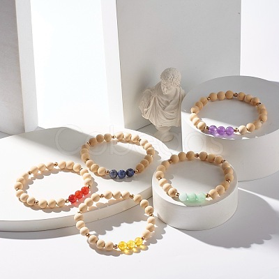 Natural Wood Round Beads Stretch Bracelet BJEW-JB07278-1