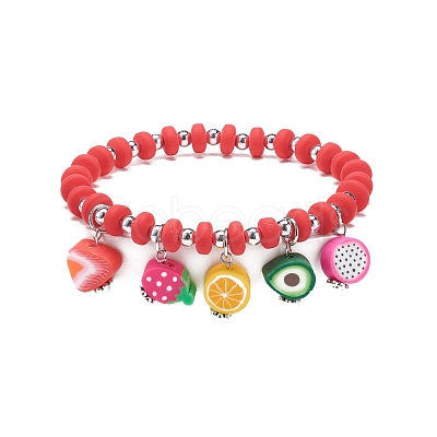 Polymer Clay & Plastic Beaded Stretch Bracelet with Fruit Charms for Women BJEW-JB08706-1