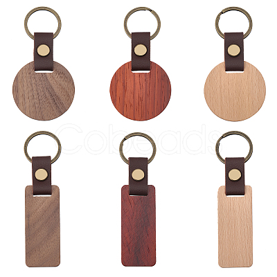 CHGCRAFT 6Pcs 6 Style Wooden Pendant Keychain KEYC-CA0001-52-1