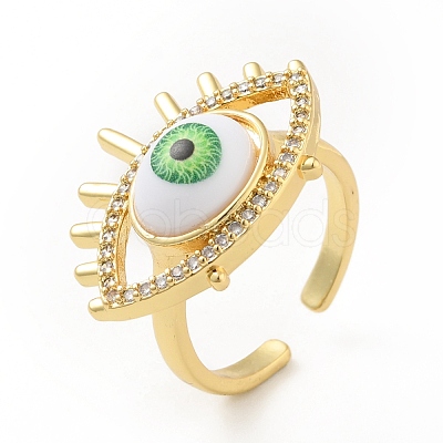 Cubic Zirconia Sun with Evil Eye Open Cuff Ring with Enamel RJEW-B042-08G-02-1