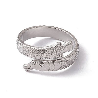 Non-Tarnish 304 Stainless Steel Ring Arowana Fish Wrap Open Cuff Ring for Women RJEW-C045-21P-1