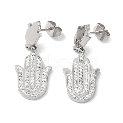 Hamsa Hand 304 Stainless Steel Polymer Clay Rhinestone Dangle Earrings EJEW-L283-012P-1