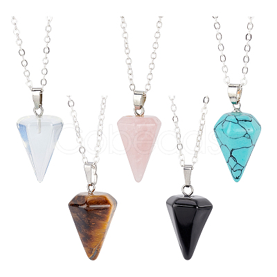 AHADERMAKER 5pcs 5 colors  Glass Imitation Gemstone Cone Pendant Necklaces Set NJEW-GA0001-05-1