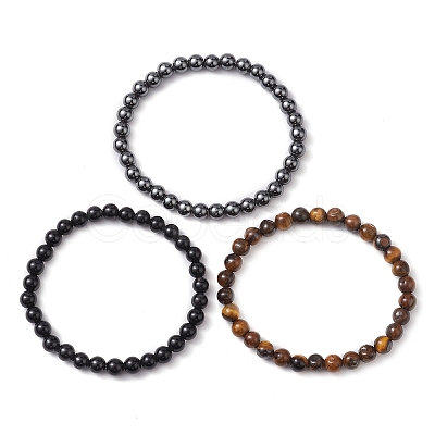 3Pcs 3 Style Natural & Synthetic Mixed Stone Round Beaded Stretch Bracelets BJEW-JB10178-02-1