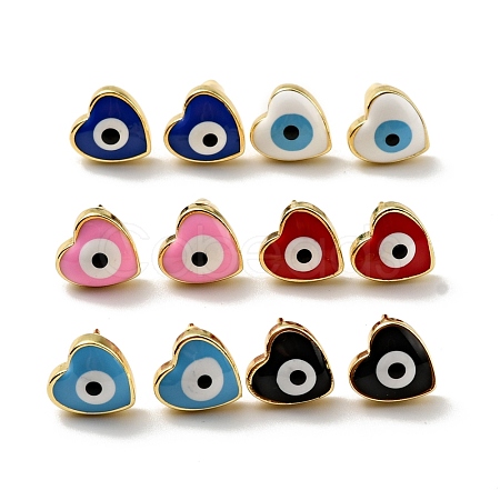 Heart with Evil Eye Enamel Stud Earrings EJEW-G282-06G-1