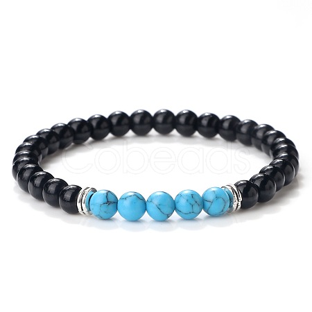 Simple Fashion Natural Dyed & Heated Black Agate & Synthetic Turquoise Beaded Stretch Bracelets for Women KD8303-2-1