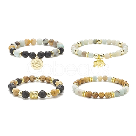 4Pcs 4 Style Natural & Synthetic Mixed Gemstone & Buddhist Head Beaded Stretch Bracelets Set BJEW-JB09326-1