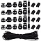 PandaHall Elite 140Pcs 7 Styles Plastic Spring Cord Locks, with 20M Polyester Elastic Cords, Black, 3~27x3~23.5x3~18mm, Hole: 4~6x4~6.5mm