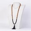 Natural Black Agate and Wood Mala Beads Necklaces NJEW-JN01779-01-4