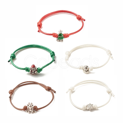 5Pcs 5 Style Christmas Tree & Snowflake & Reindeer & Santa Claus Alloy Beaded Cord Bracelets Set BJEW-JB08112-1