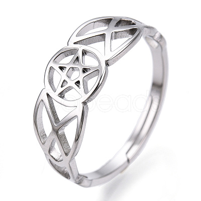 Non-Tarnish 304 Stainless Steel Hollow Out Pentagram Adjustable Ring for Women RJEW-T027-12P-1