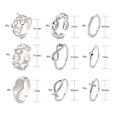 9Pcs 9 Style Brass Cuff Rings RJEW-LS0001-08P-1