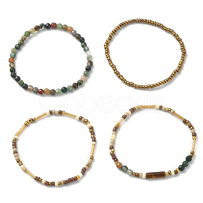 4Pcs 4 Style Natural Indian Agate & Tiger Eye & Seed Beaded Stretch Bracelets Set BJEW-JB09458-1