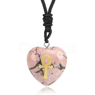 Natural Rhodonite Heart Engraved AnKh Cross Pendant Personalized DIY Necklaces SC1205-10-1