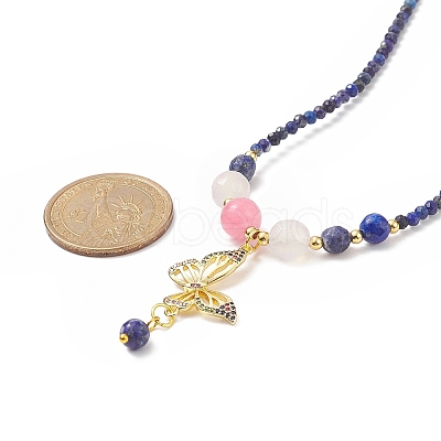 Colorful Cubic Zirconia Butterfly Pendant Necklace with Natural Mixed Gemstone Beaded Chains for Women NJEW-JN04169-1