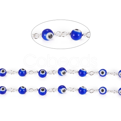 3.28 Feet Handmade Evil Eye Lampwork Round Beaded Chains X-CHC-G009-B-S05-1