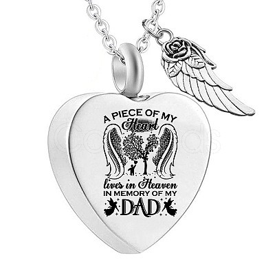 Stainless Steel Heart & Feather Pendant Urn Ashes Necklaces PW-WG6E859-01-1