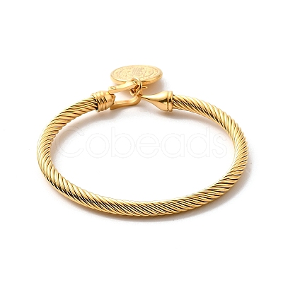 Ion Plating(IP) 304 Stainless Steel Saint Benedict Charms Twist Rope Bangle for Women BJEW-P283-06G-1