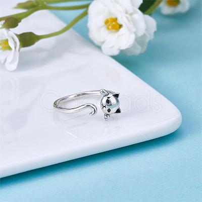 Anti-Tarnish Rhodium Plated 925 Sterling Silver Cute Cat Ring Adjustable Half Open Ring Platinum Plated Ring Zircon Finger Ring Lovely Animal Jewelry Gift for Women JR952A-1