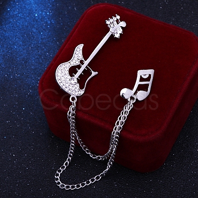 Guitar Musical Note Alloy Crystal Rhinestone Hanging Chain Brooch PW-WG75C60-02-1