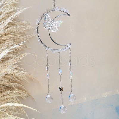 Natural Quartz Crystal Chip Wrapped Moon with Butterfly Hanging Ornaments PW-WG67734-04-1