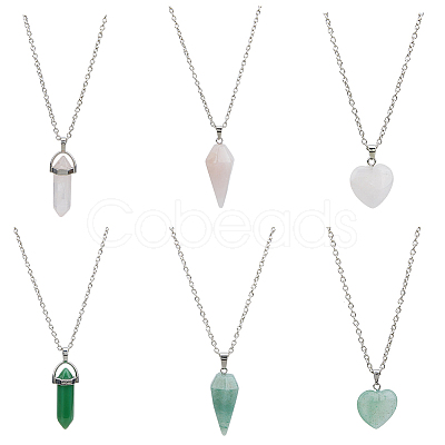 FIBLOOM 6Pcs 6 Styles Natural Rose Quartz & Green Aventurine Pendant Necklaces Set with Alloy Chains NJEW-FI0001-13-1