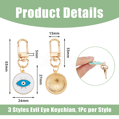 DICOSMETIC 3Pcs 3 Colors Flat Round with Evil Eye Alloy Enamel Pendant Decoration KEYC-DC0001-23-1