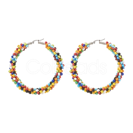 Colorful Glass Seed Braided Big Hoop Earrings EJEW-JE05015-1